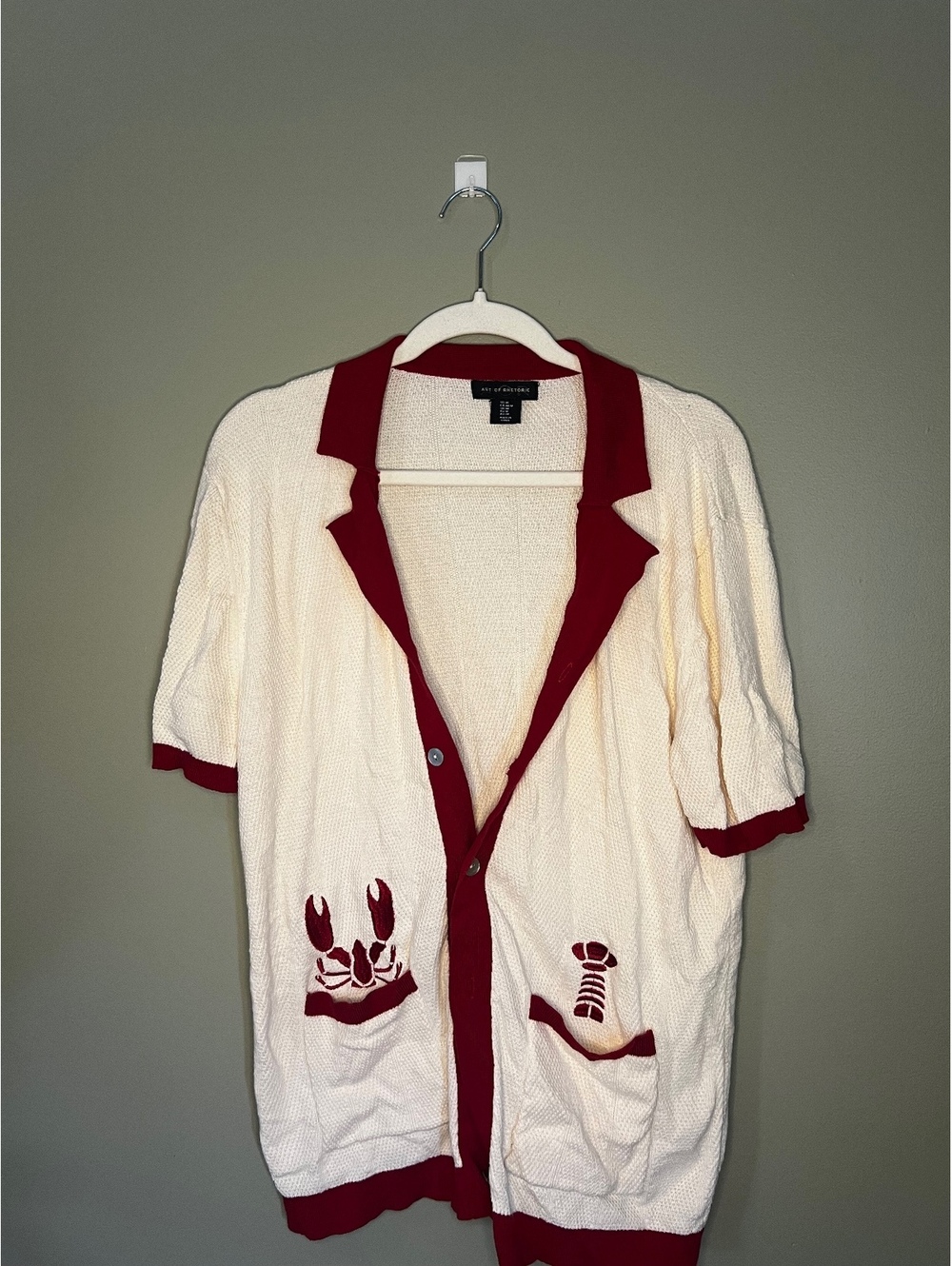Art of Rhetoric Cream and Red Lobster Knitted Collared Short Sleeve Cardigan